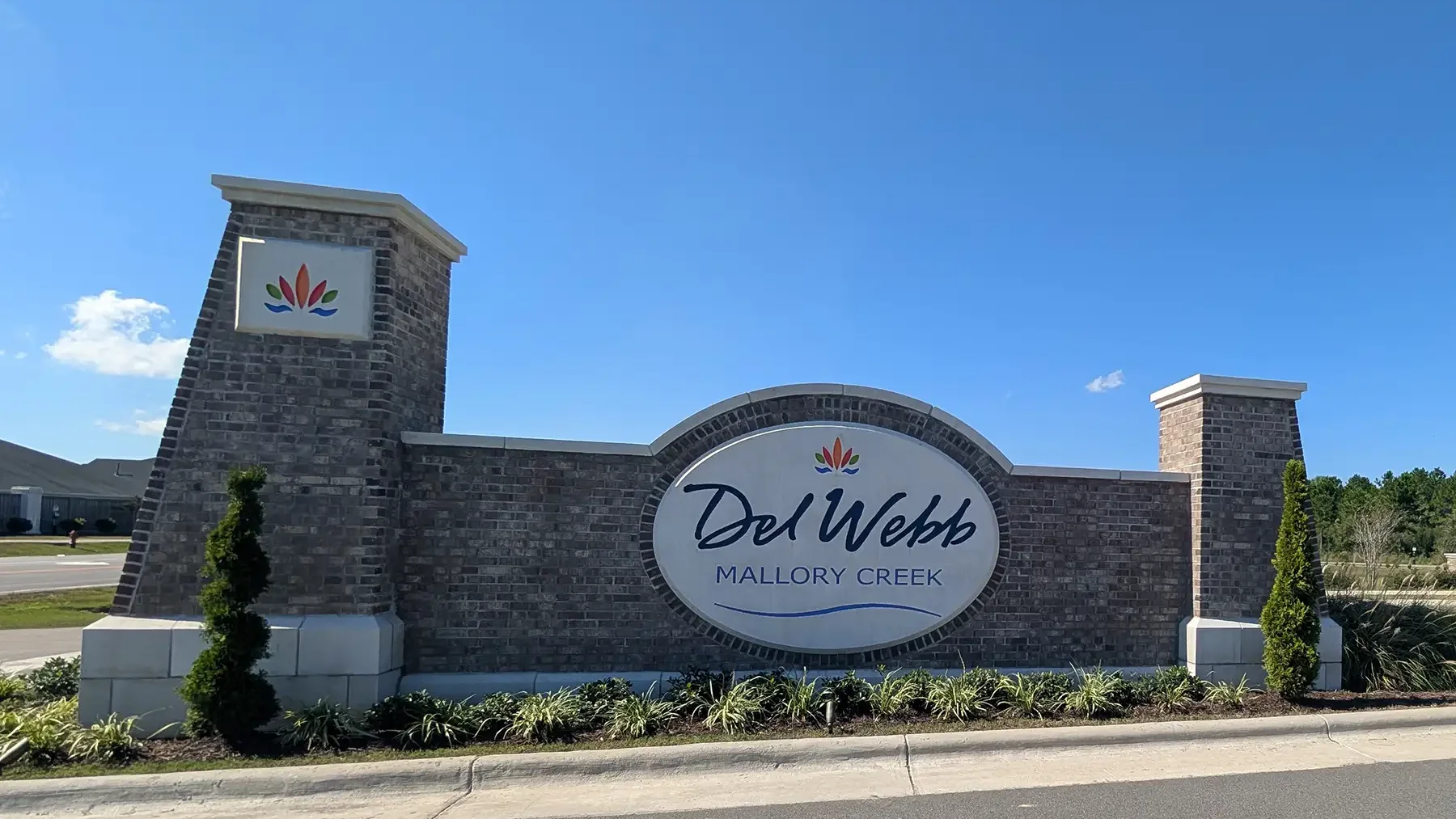 Brick entry monument for Del Webb Mallory Creek, a 55+ community in Leland, NC