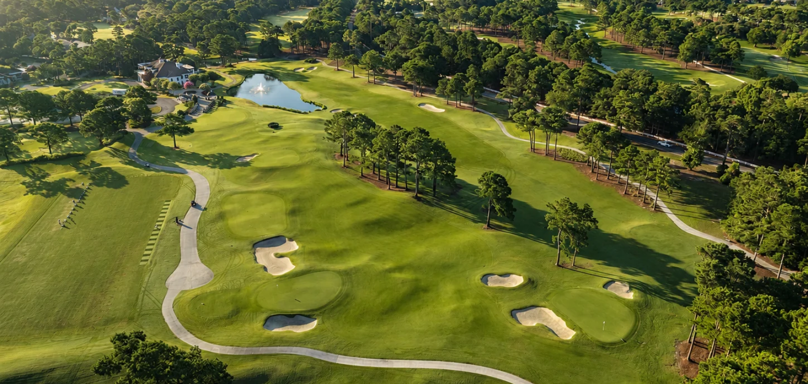 Aerial view of fairways, bunkers, and a practice area at Porters Neck Plantation