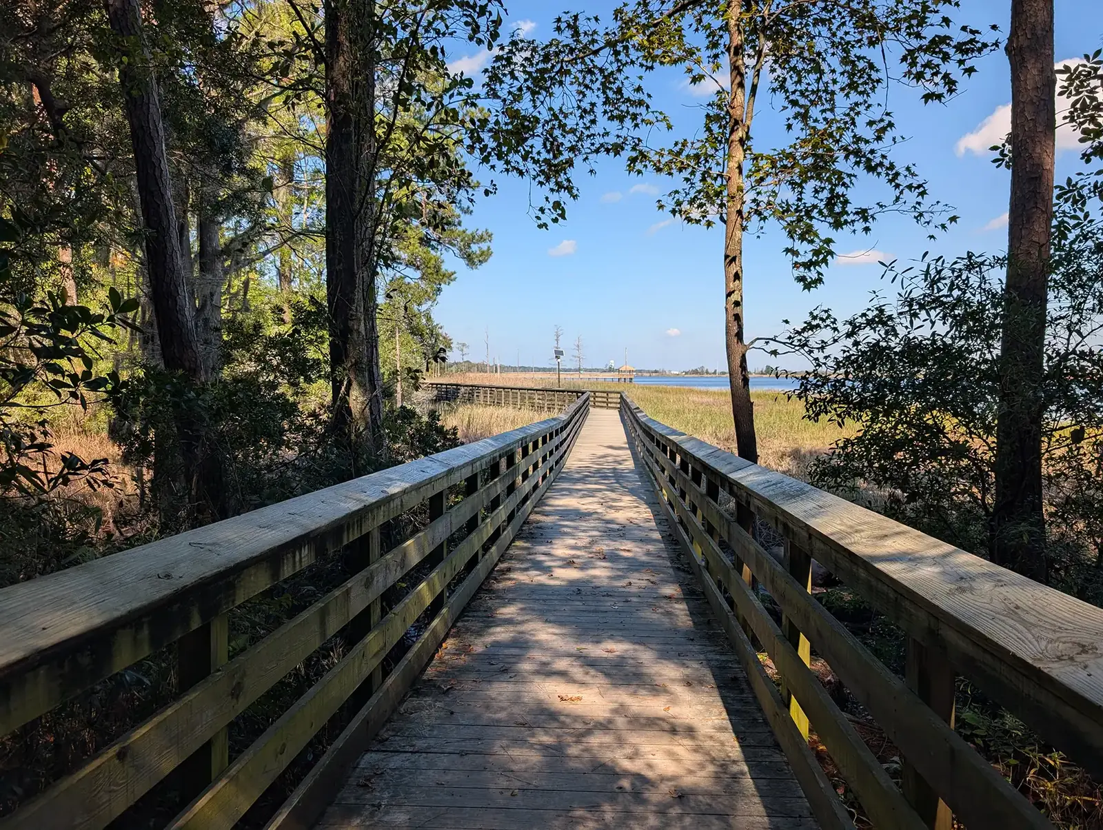 Wooden boardwalk crossing marsh grass to a covered overlook on the Brunswick River at Belville Riverwalk