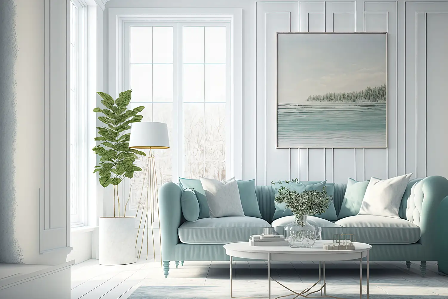 A bright living room with a pale blue sofa and large windows
